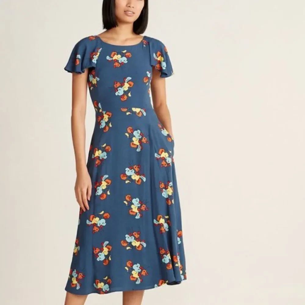 NEW Emily & Fin Celeste Blue Floral Print Cap Sleeve Midi Dress XXS